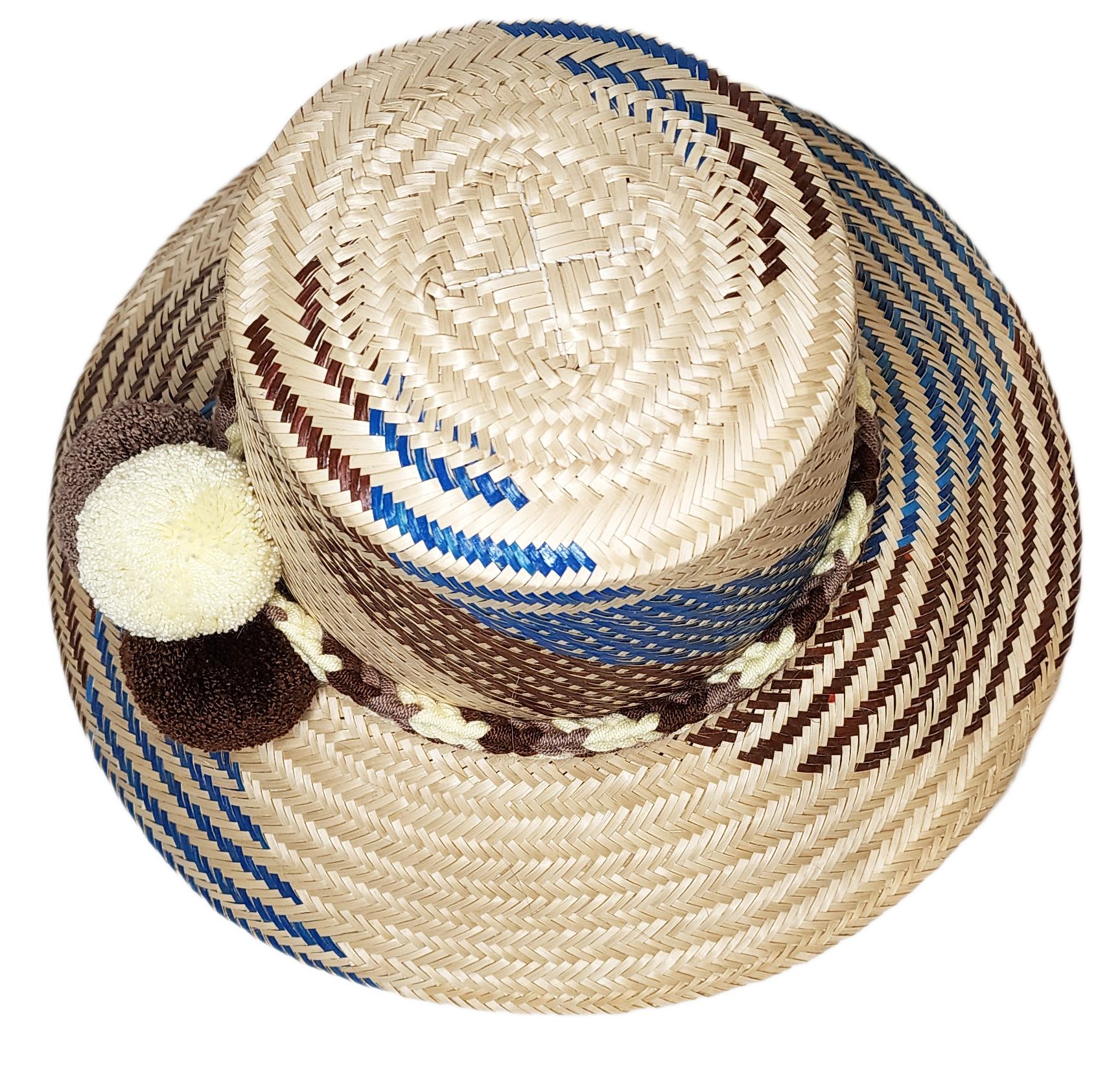 "Colorful, handcrafted Wayuu hat from Wuitusu, adorned with cultural pompoms, made from Iraca palm fibers."