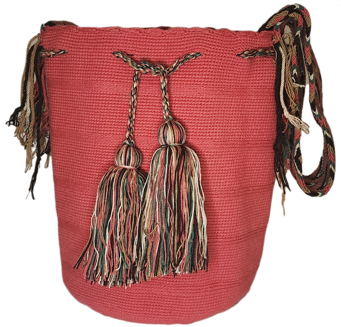 "Colorful handcrafted Wuitusu crochet bag showcasing vibrant Wayuu patterns and adjustable straps."