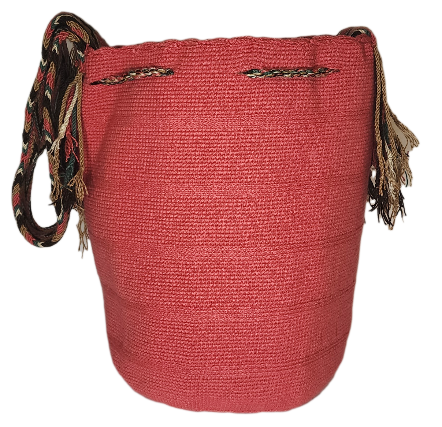 "Colorful handcrafted Wuitusu crochet bag showcasing vibrant Wayuu patterns and adjustable straps."
