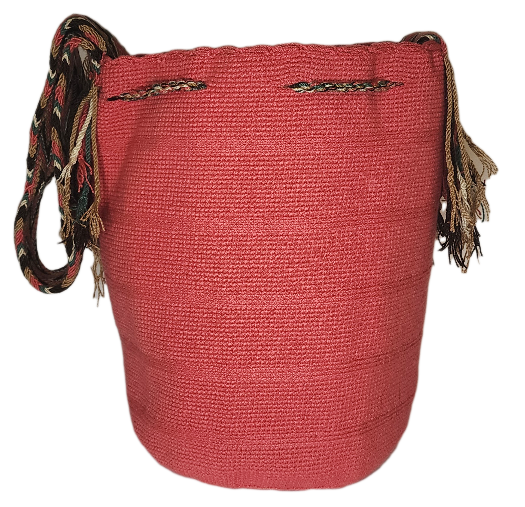 Bottom view "Colorful handcrafted Wuitusu crochet bag showcasing vibrant Wayuu patterns and adjustable straps."
