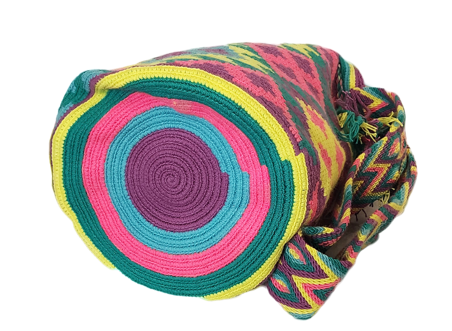 "Colorful handcrafted Wuitusu Wayuu bag with geometric patterns, featuring adjustable straps for shoulder or crossbody wear."