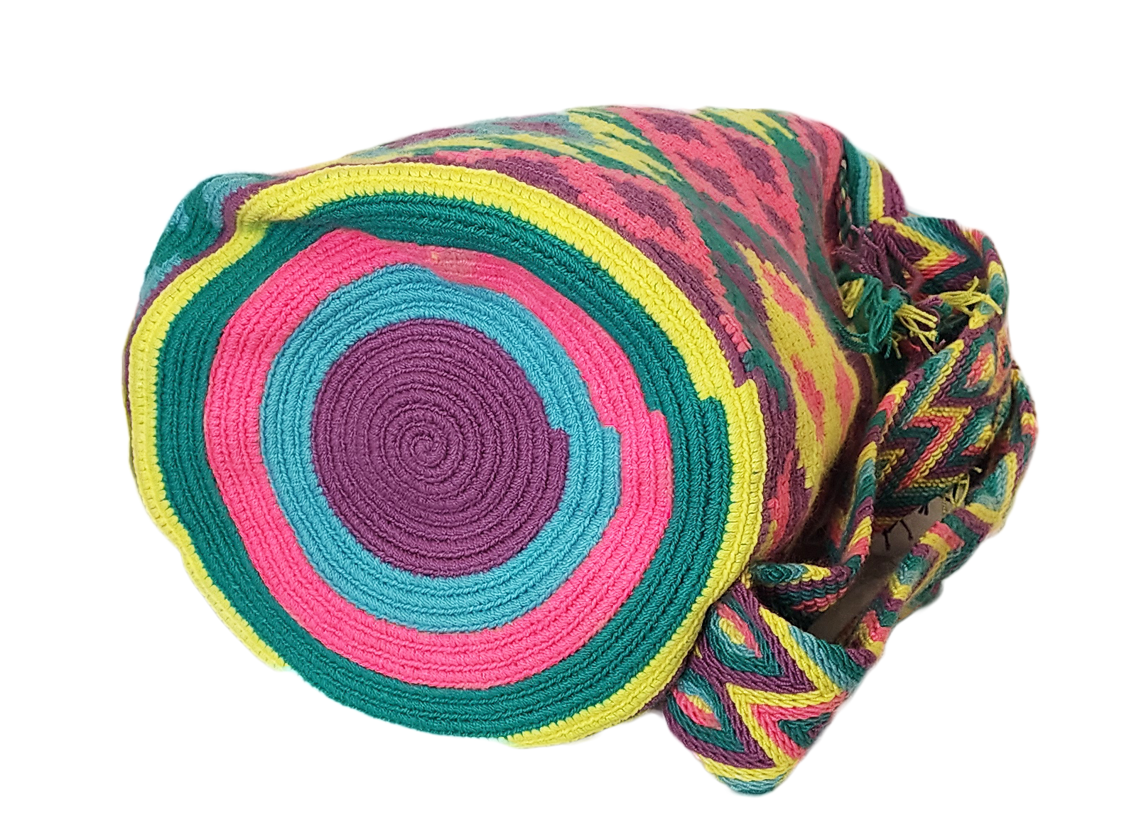 "Colorful handcrafted Wuitusu Wayuu bag with geometric patterns, featuring adjustable straps for shoulder or crossbody wear."