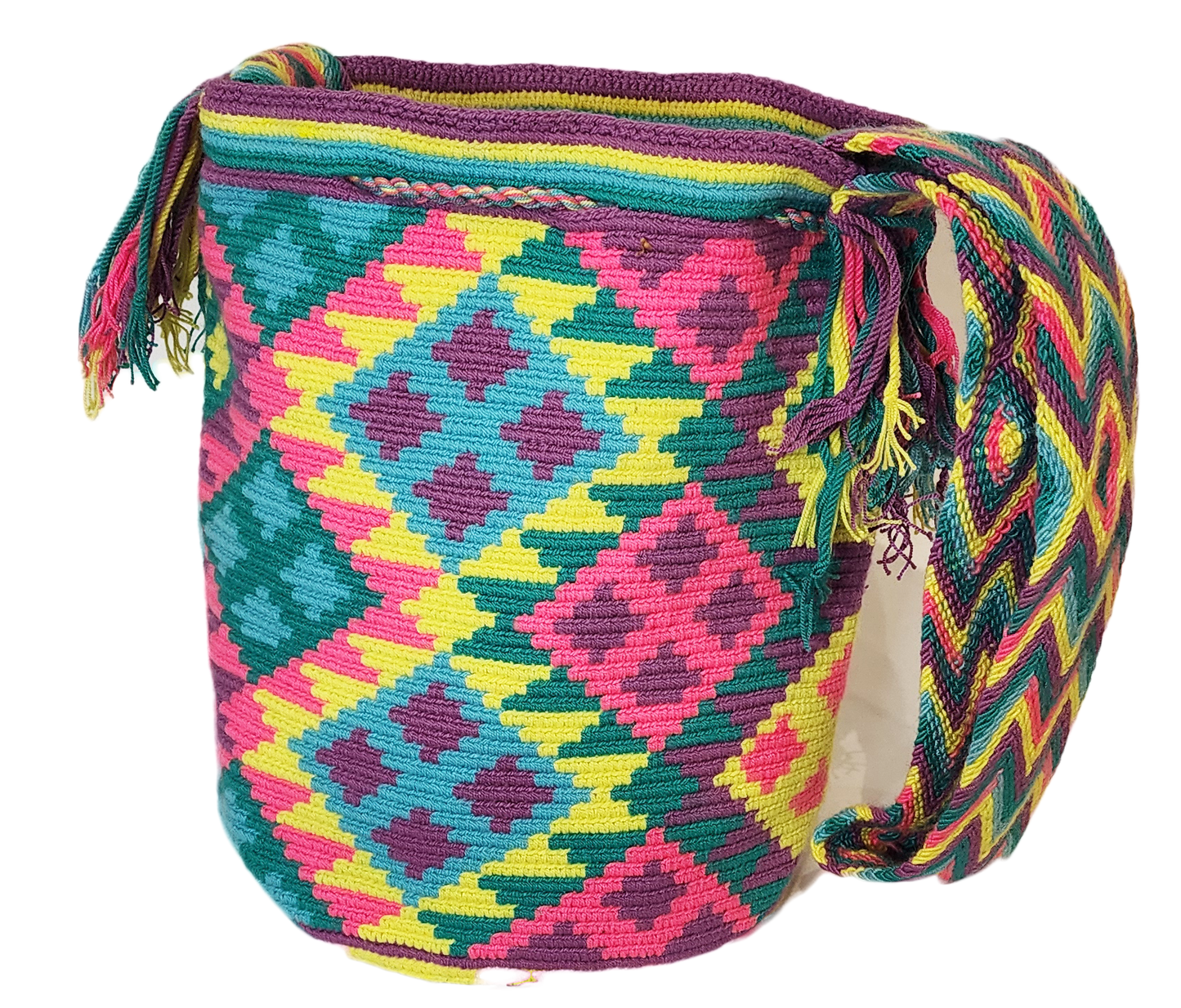 "Colorful handcrafted Wuitusu Wayuu bag with geometric patterns, featuring adjustable straps for shoulder or crossbody wear."