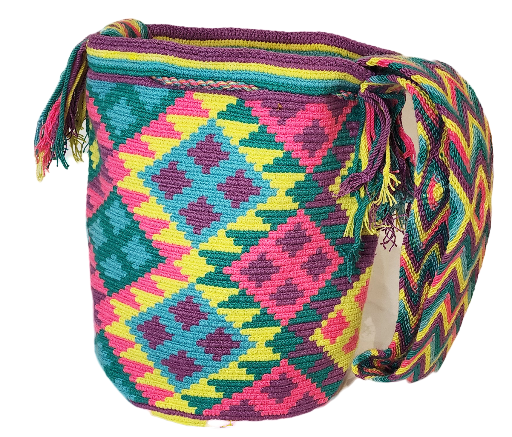 Bottom view "Colorful handcrafted Wuitusu Wayuu bag with geometric patterns, featuring adjustable straps for shoulder or crossbody wear."