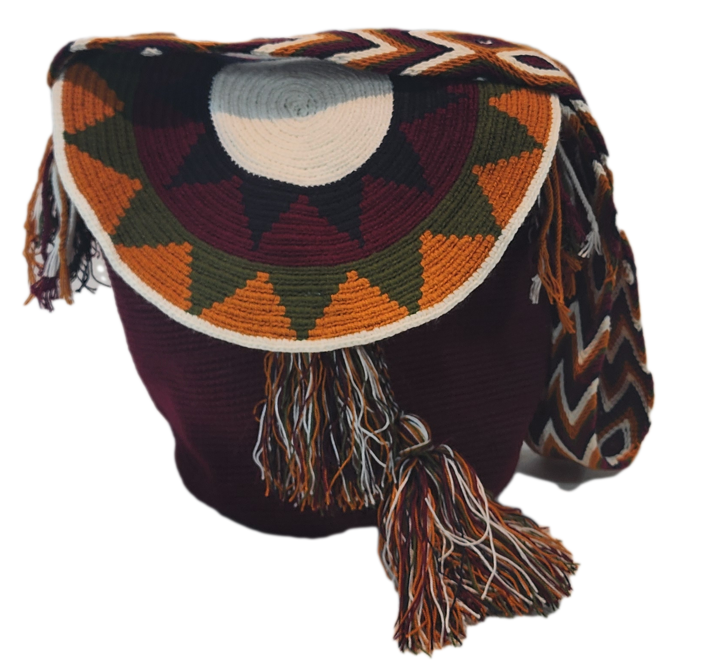 "Colorful handcrafted Wuitusu Wayuu crochet bag with lid, featuring intricate patterns and a blend of vibrant colors."