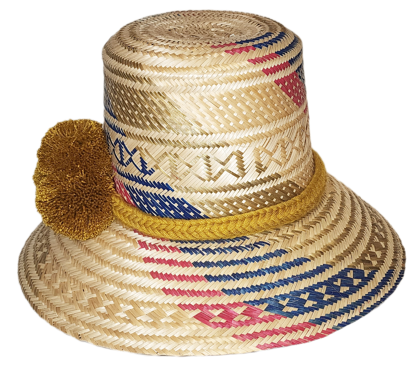 "Colorful handmade Artisan Wayuu Hat from Iraca palm, adorned with significant cultural pompoms, crafted by Wayuu artisans."
