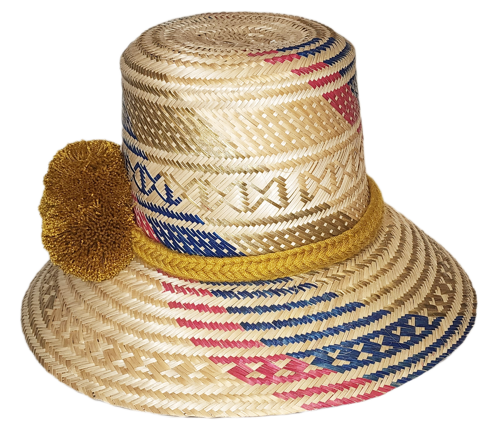 "Colorful handmade Artisan Wayuu Hat from Iraca palm, adorned with significant cultural pompoms, crafted by Wayuu artisans."