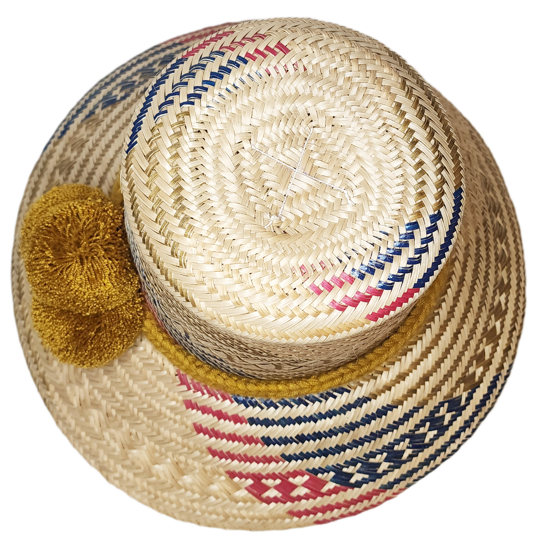 "Colorful handmade Artisan Wayuu Hat from Iraca palm, adorned with significant cultural pompoms, crafted by Wayuu artisans."