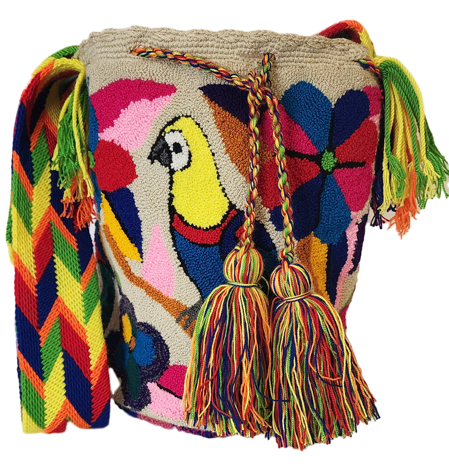 Colorful handmade Wayuu punch needle crochet bag with adjustable straps, showcasing vibrant geometric patterns and craftsmanship