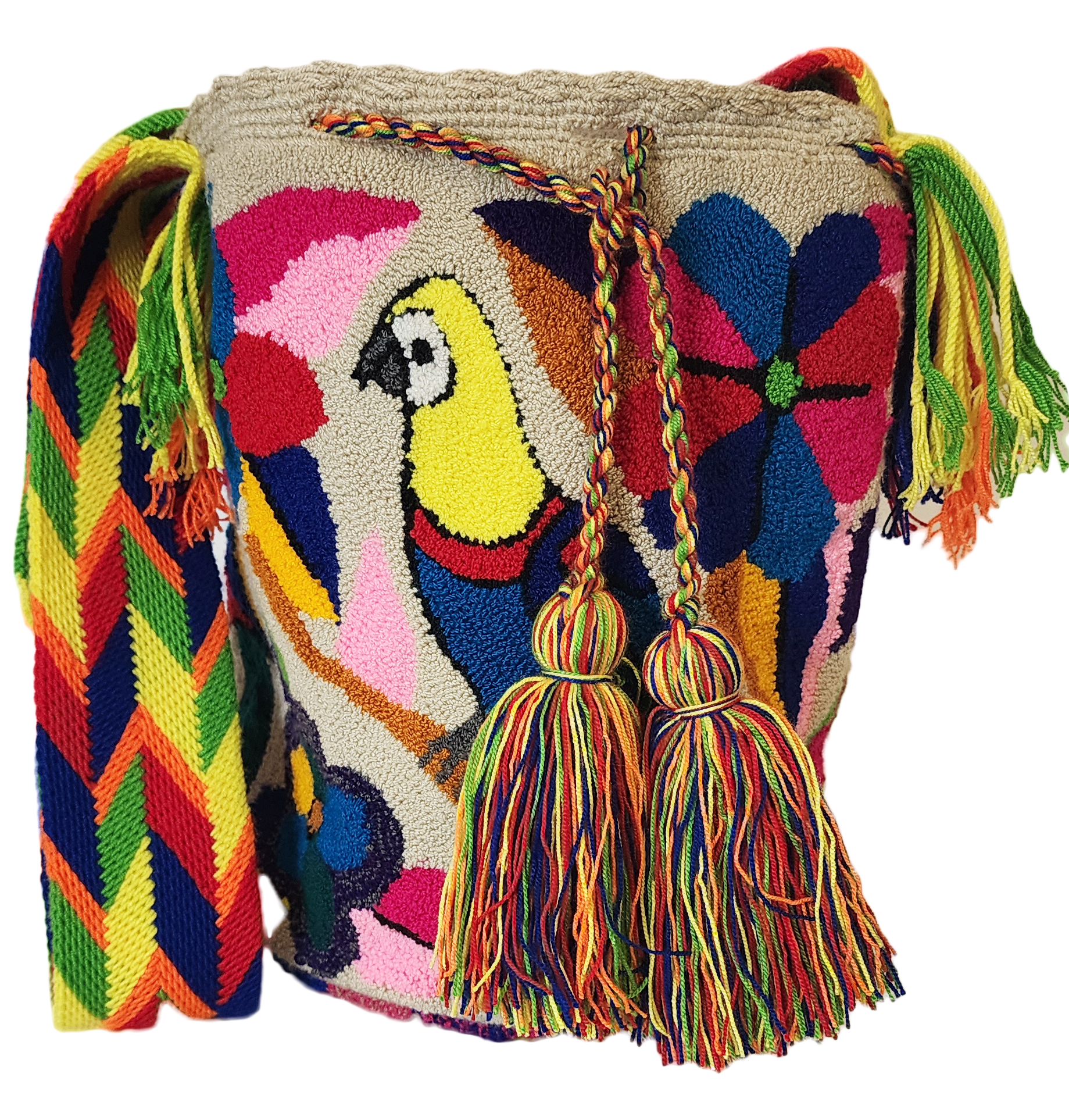 Colorful handmade Wayuu punch needle crochet bag with adjustable straps, showcasing vibrant geometric patterns and craftsmanship