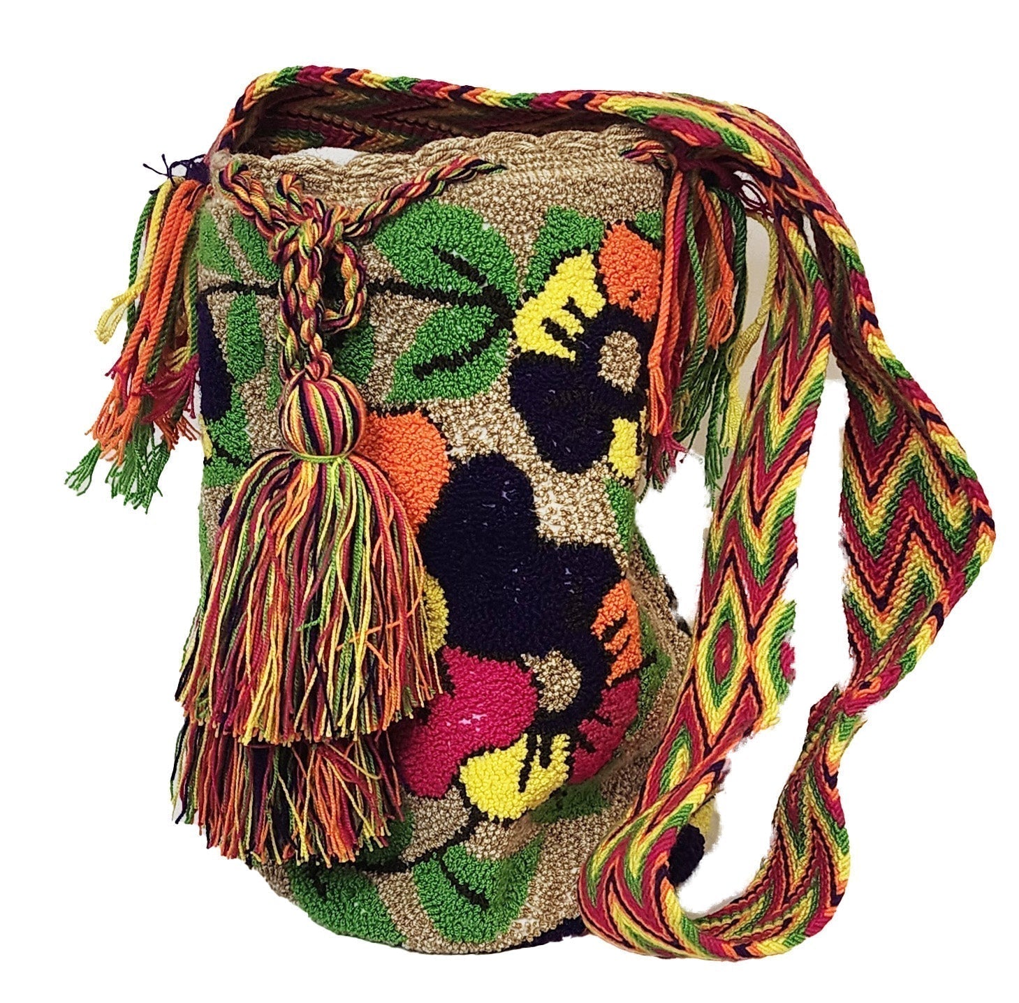 Colorful handmade bohemian Wuitusu Wayuu crochet bag, showcasing vibrant Wayuu culture and artisanal craftsmanship, with adjustable strap