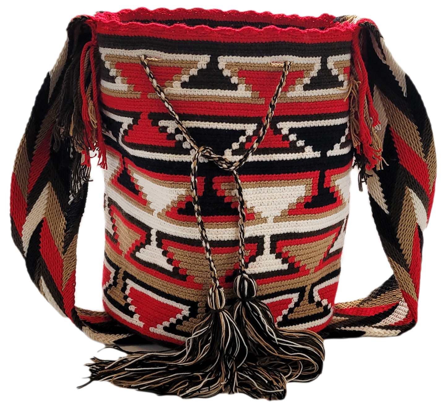 Vibrant Wayuu bag with artisan-woven strap and tribal chevron design. Red and earth tones make this boho crossbody a standout accessory