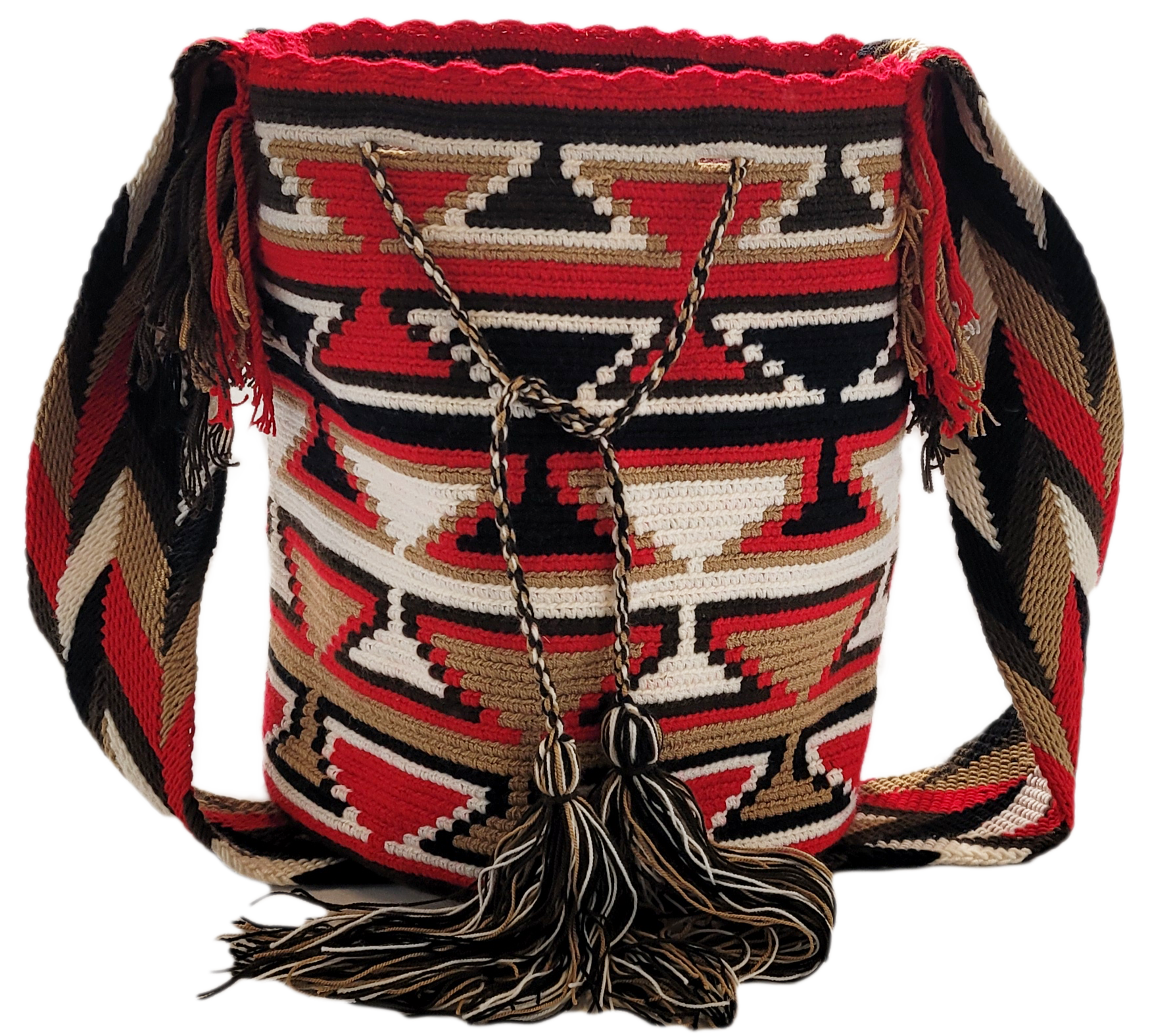 Vibrant Wayuu bag with artisan-woven strap and tribal chevron design. Red and earth tones make this boho crossbody a standout accessory