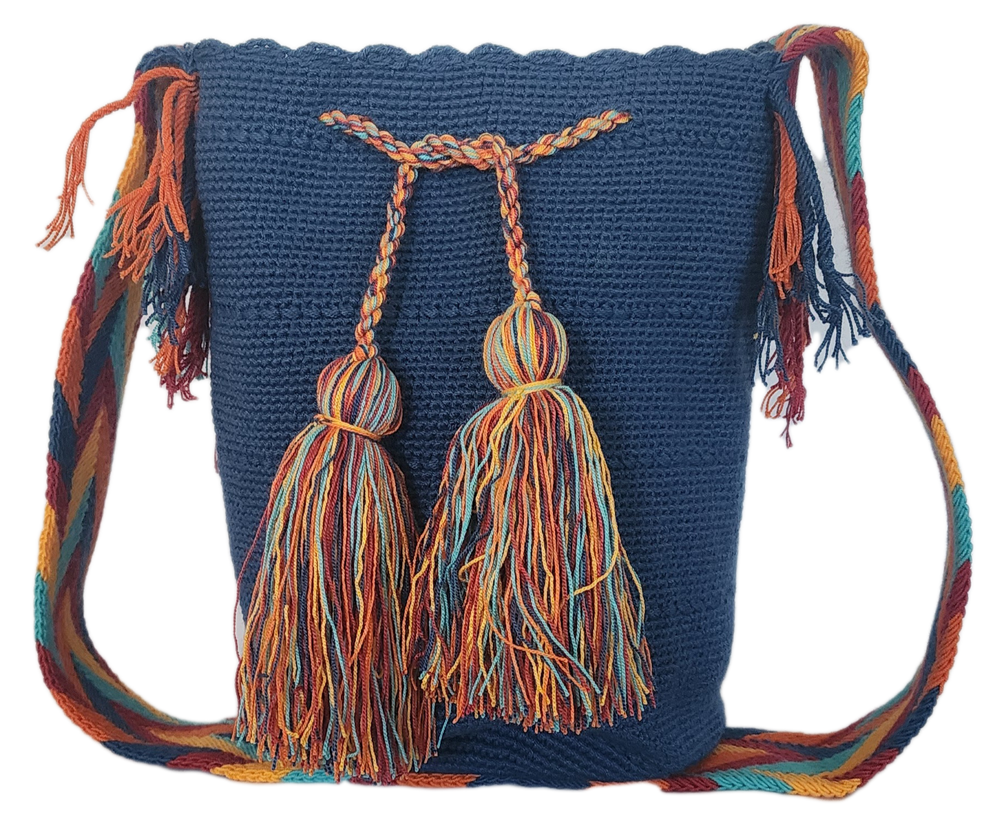 "Colorful handmade crochet bags by Wayuu women, featuring vibrant patterns and long straps, crafted from vegan fibers."