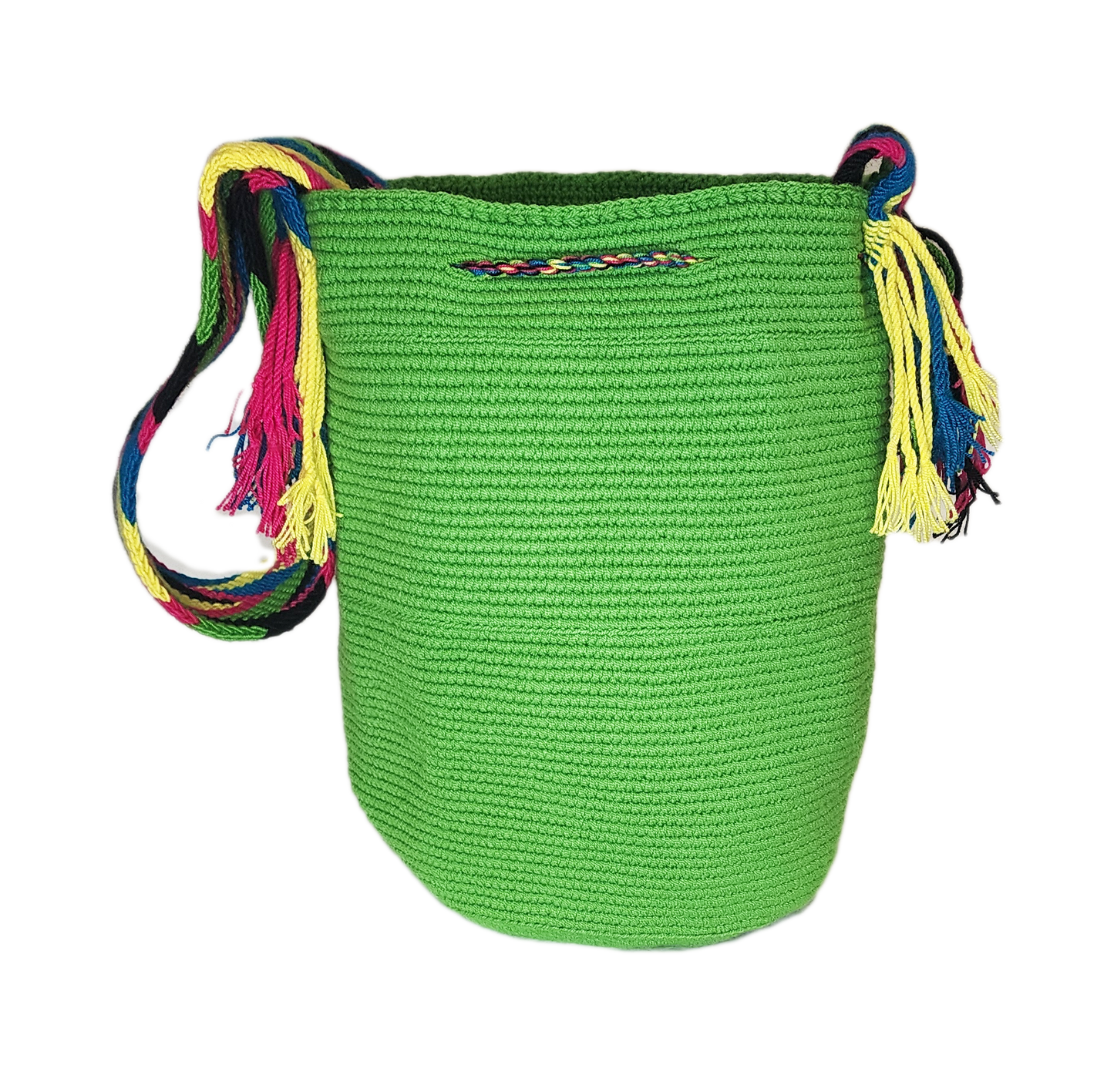 "Colorful handmade crochet bags by Wayuu women of Colombia, featuring vibrant, culturally symbolic designs."