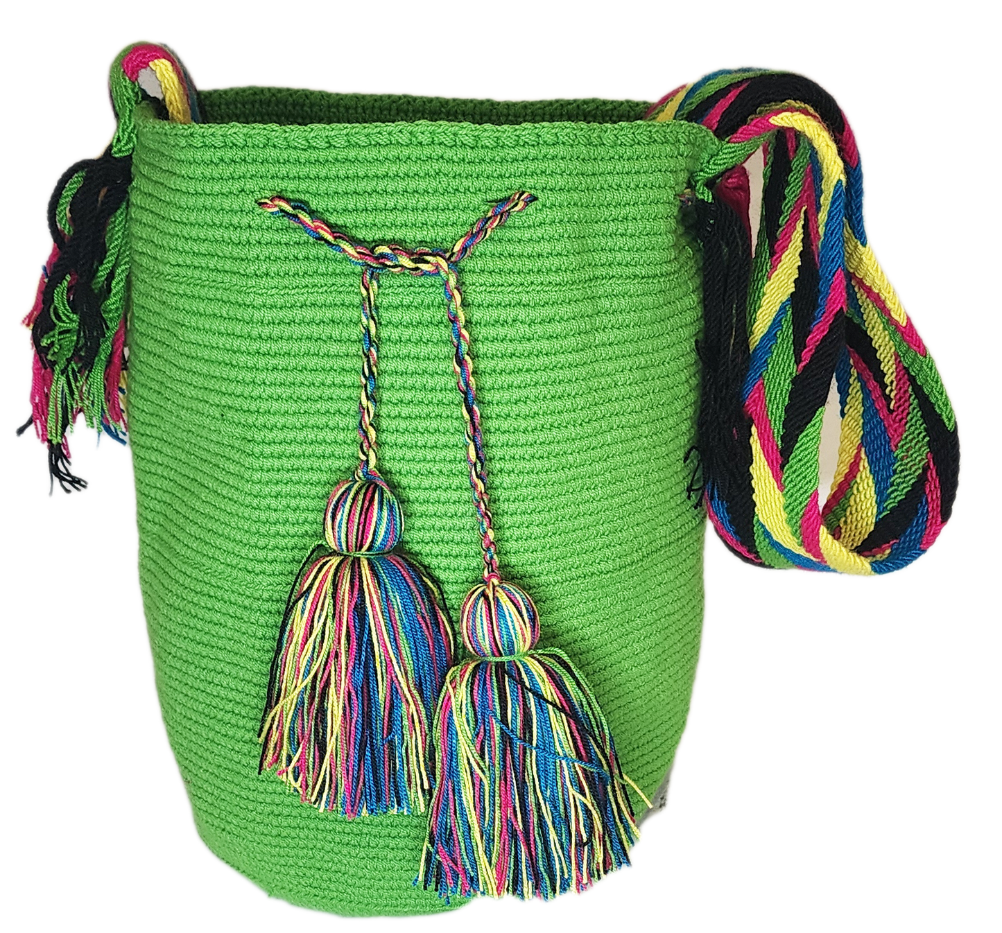 "Colorful handmade crochet bags by Wayuu women of Colombia, featuring vibrant, culturally symbolic designs."
