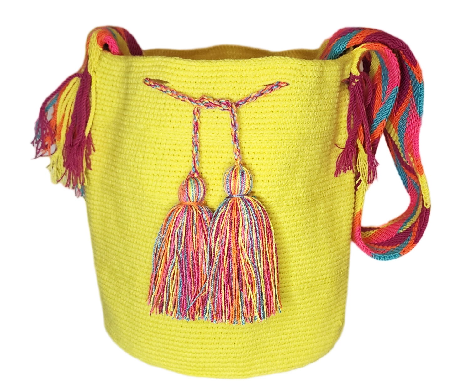 "Colorful handmade crochet bags by Wayuu women, showcasing vibrant bohemian patterns and artisanal craftsmanship."