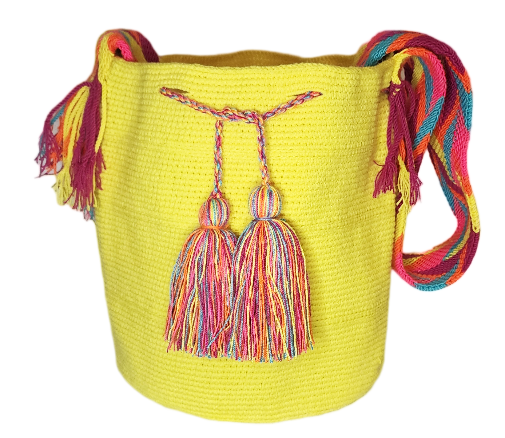 "Colorful handmade crochet bags by Wayuu women, showcasing vibrant bohemian patterns and artisanal craftsmanship."