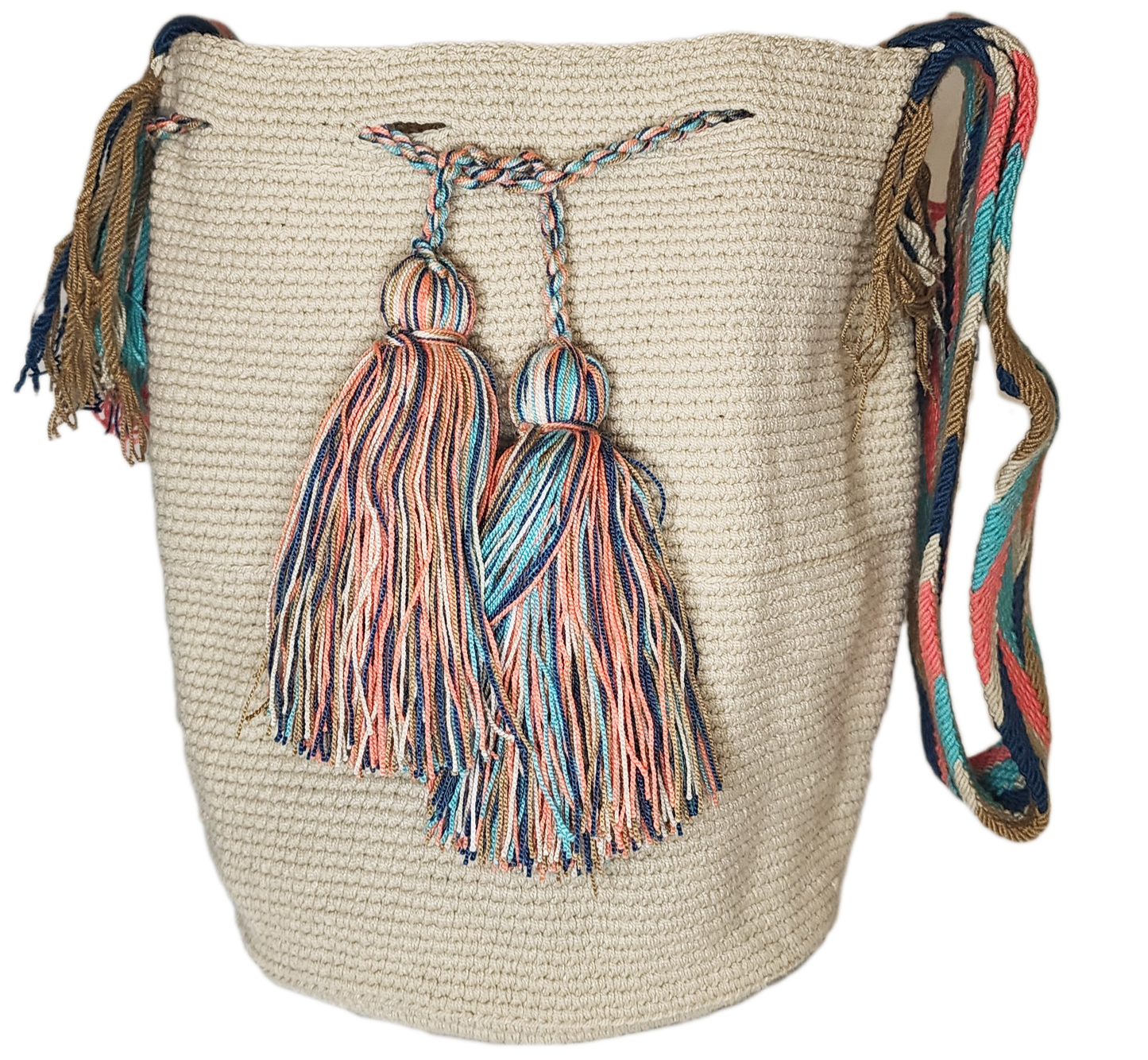 "Colorful handmade crochet bags by Wayuu women, showcasing vibrant designs and cultural emblems."