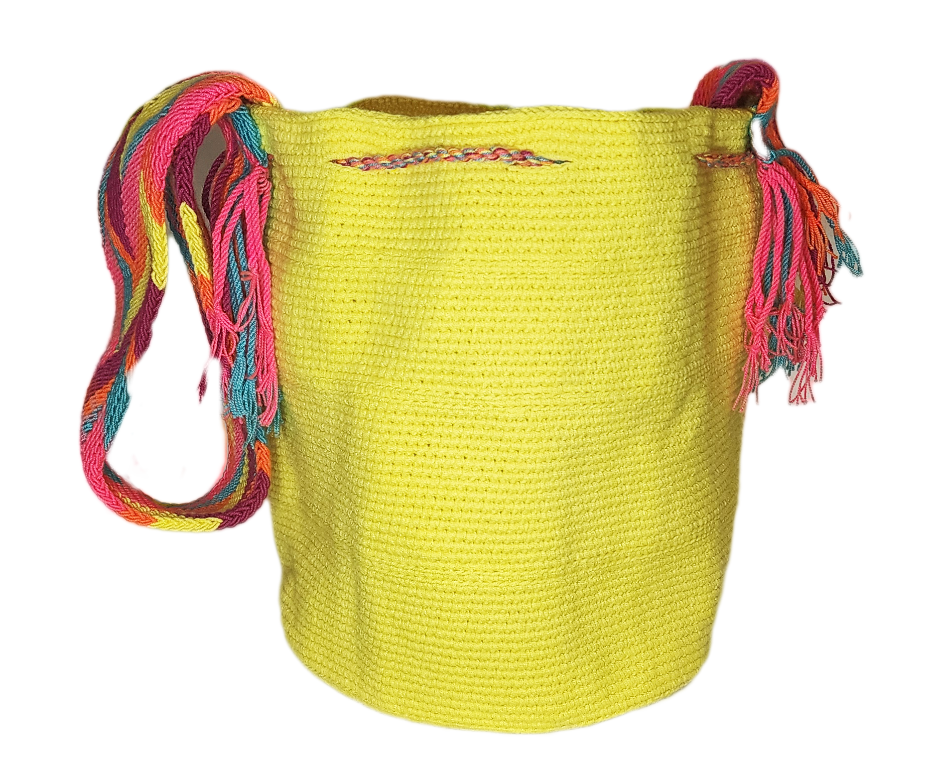 Bottom view "Colorful handmade crochet bags by Wayuu women, showcasing vibrant bohemian patterns and artisanal craftsmanship."