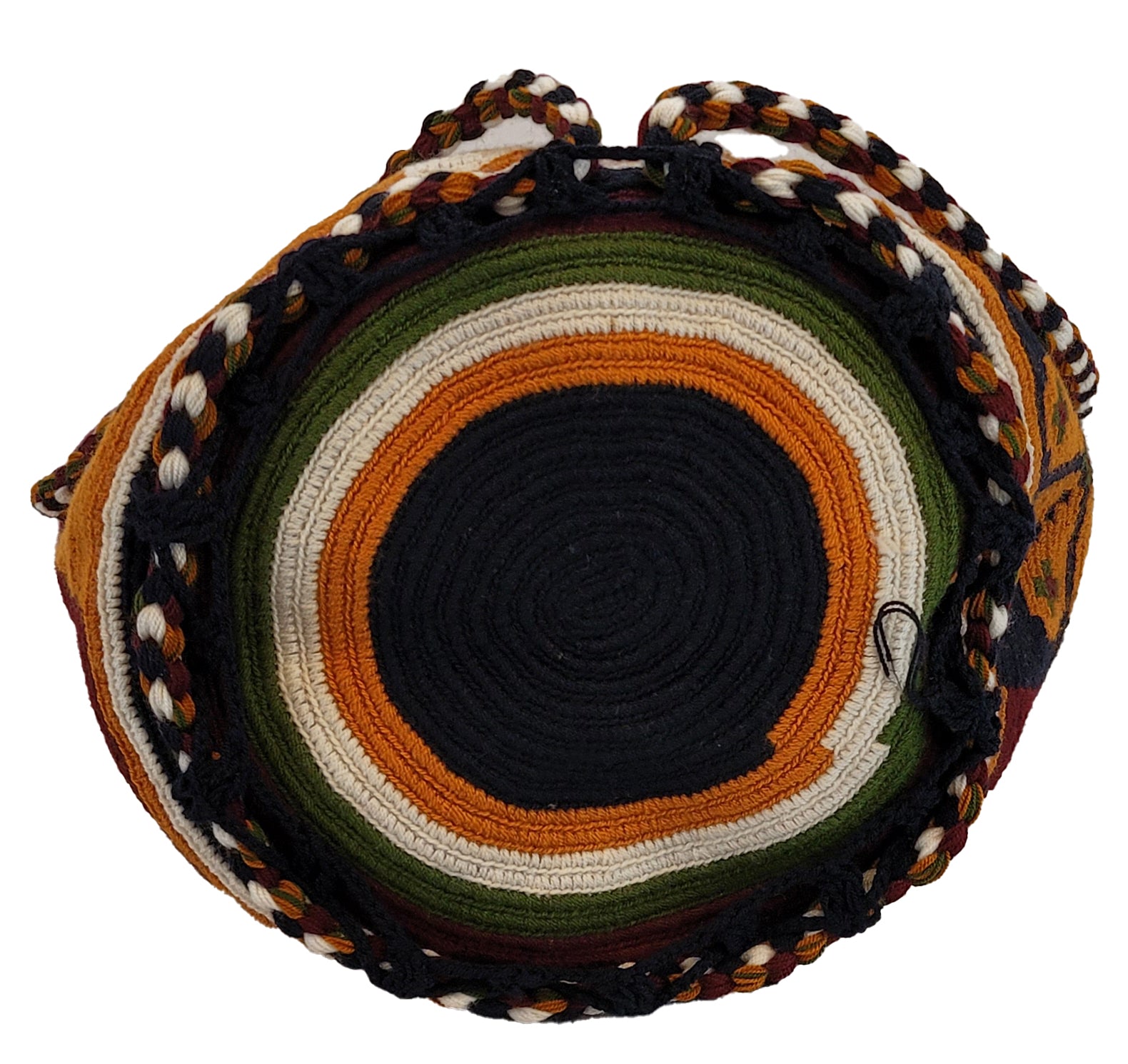 "Colorful handmade crochet crossbody bag by Wayuu women, showcasing vibrant patterns and hues, symbolizing cultural heritage.