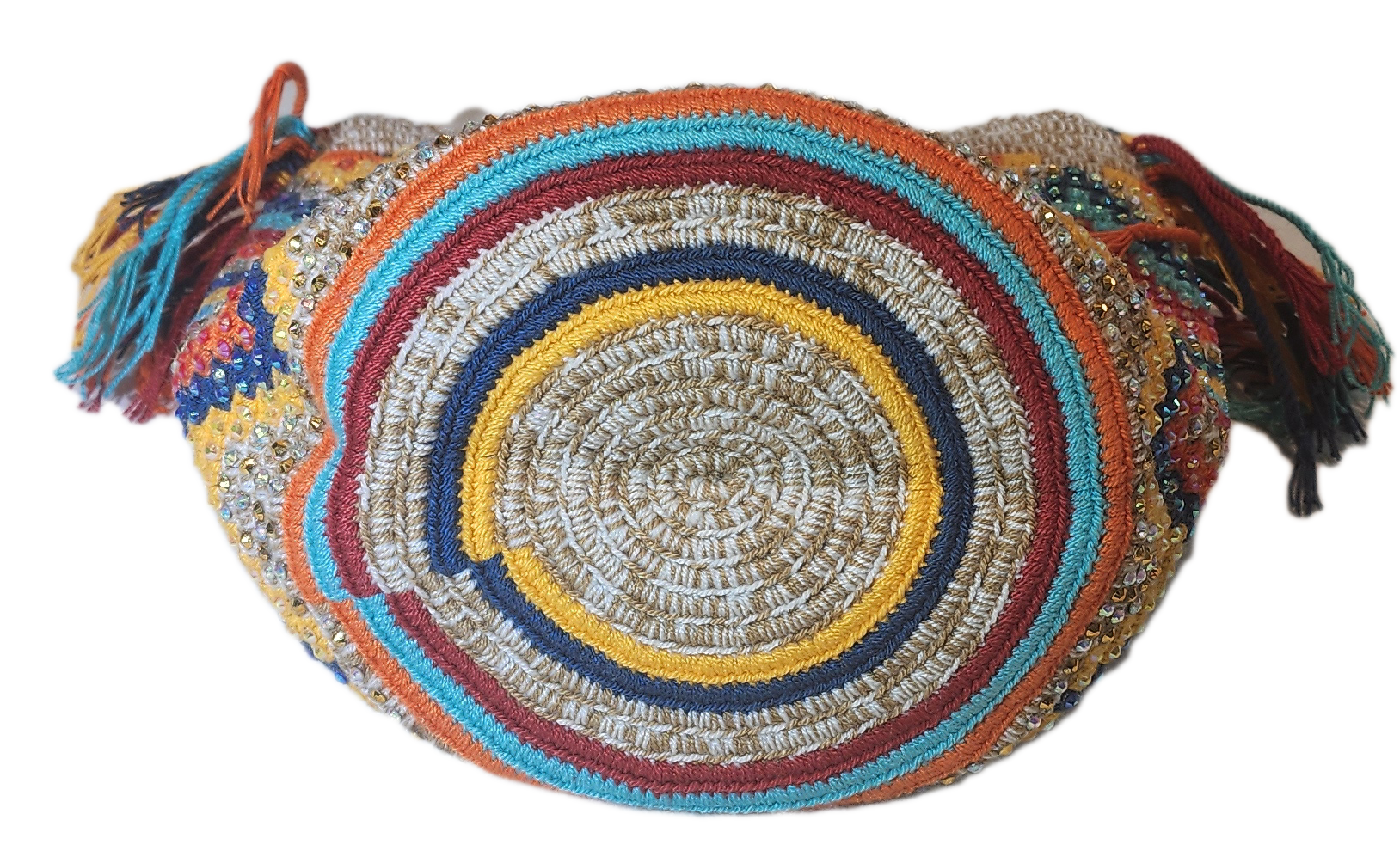 "Colorful handmade crochet crossbody bag by Wuitusu, showcasing intricate Wayuu patterns, with a flexible, long strap."