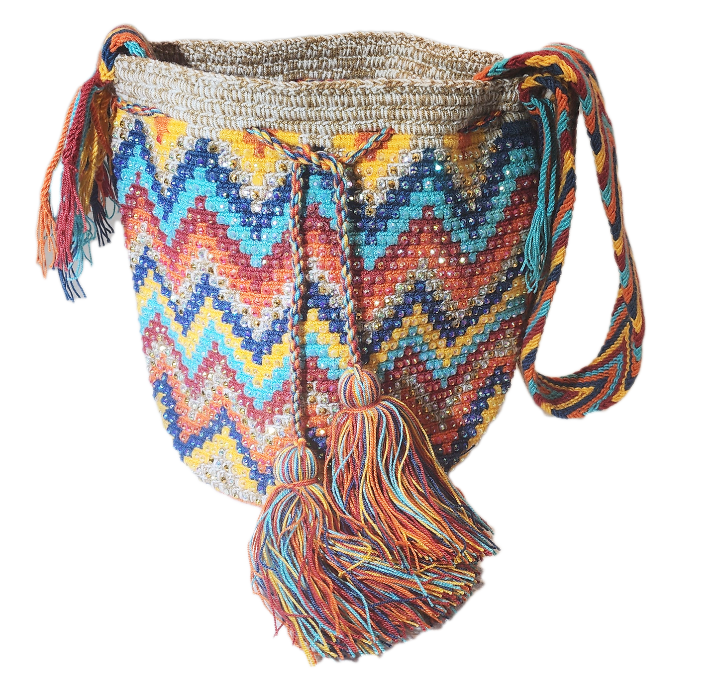 "Colorful handmade crochet crossbody bag by Wuitusu, showcasing intricate Wayuu patterns, with a flexible, long strap."