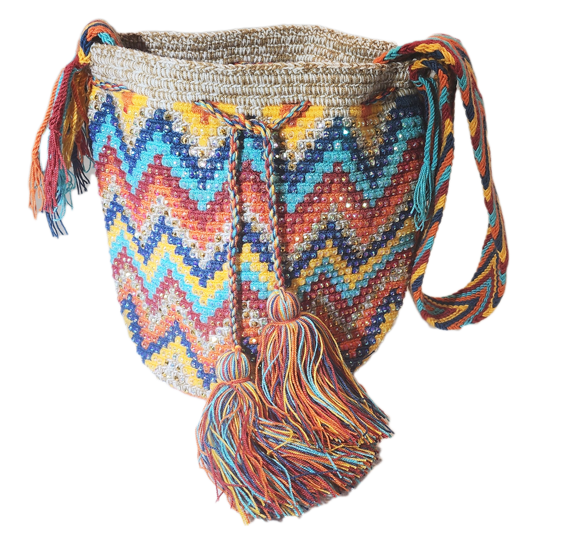 "Colorful handmade crochet crossbody bag by Wuitusu, showcasing intricate Wayuu patterns, with a flexible, long strap."