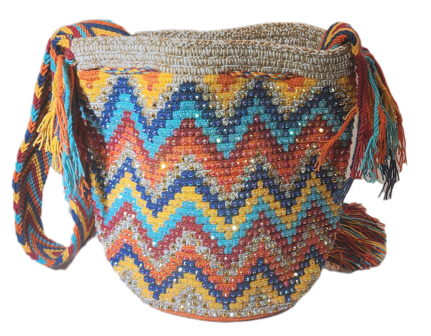 "Colorful handmade crochet crossbody bag by Wuitusu, showcasing intricate Wayuu patterns, with a flexible, long strap."