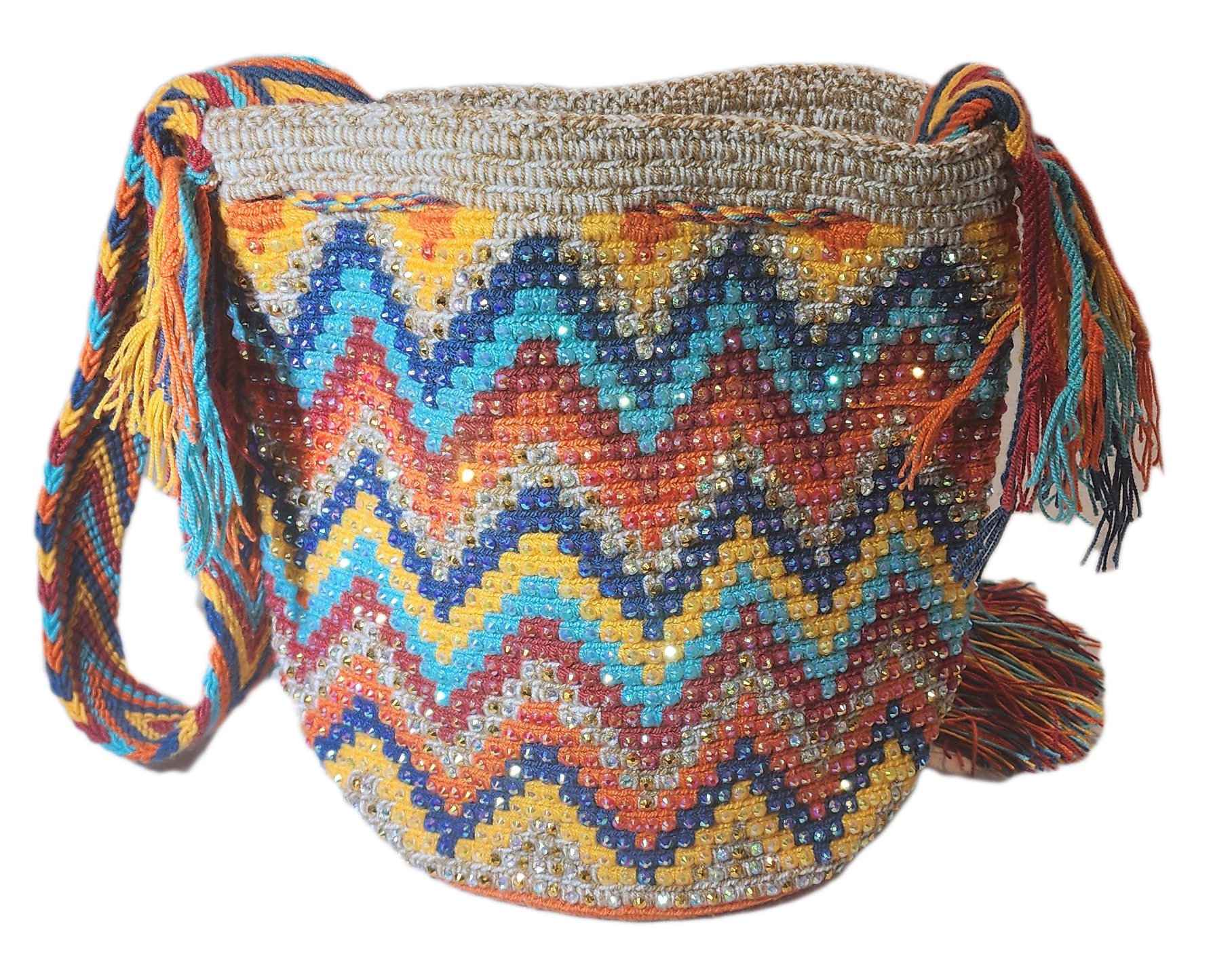 Bottom view "Colorful handmade crochet crossbody bag by Wuitusu, showcasing intricate Wayuu patterns, with a flexible, long strap."