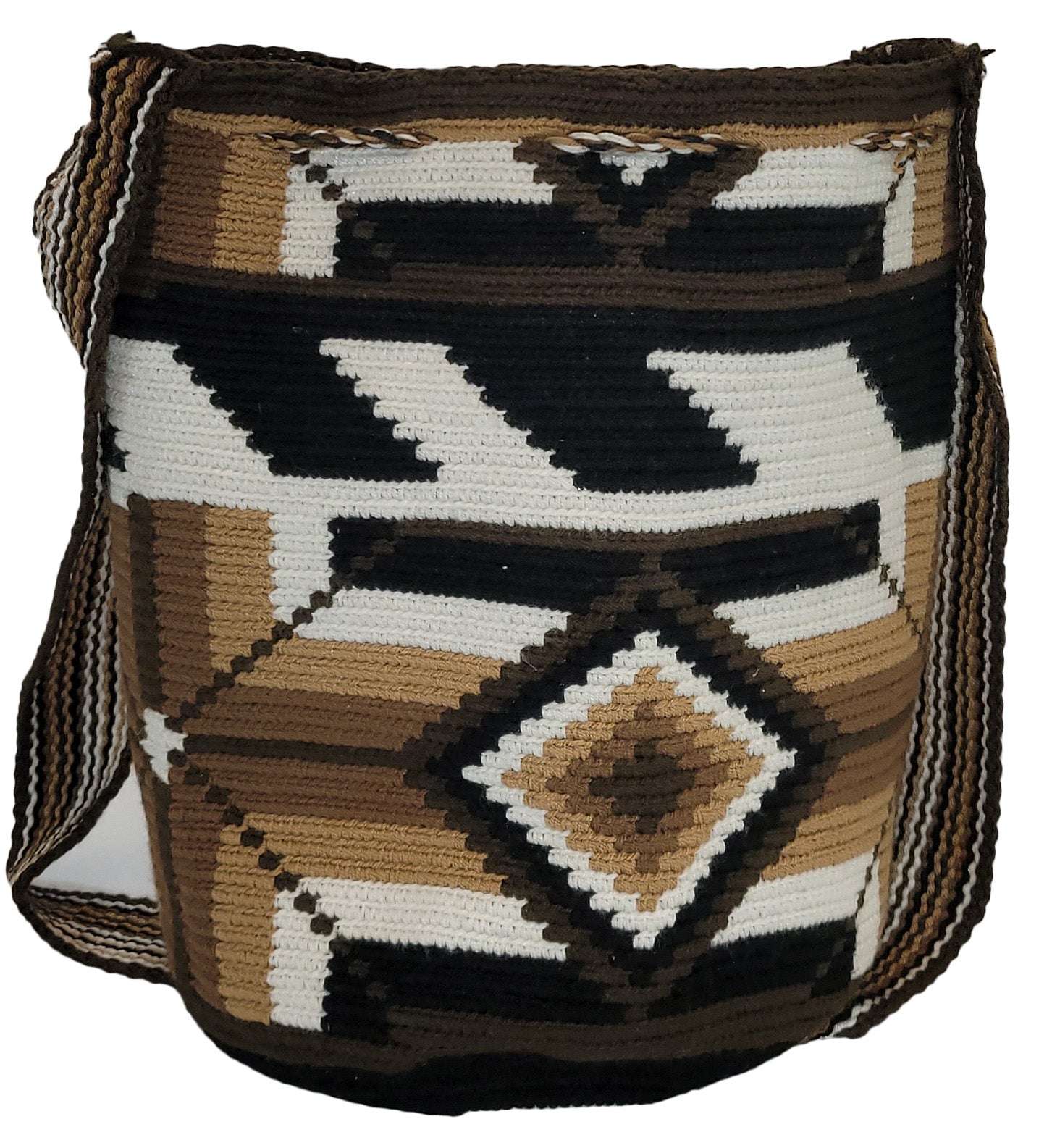 Bottom view "Colorful handmade Crochet Wayuu Bag by Wuitusu, showcasing vibrant, unique patterns and a boho style, perfect for any occasi
