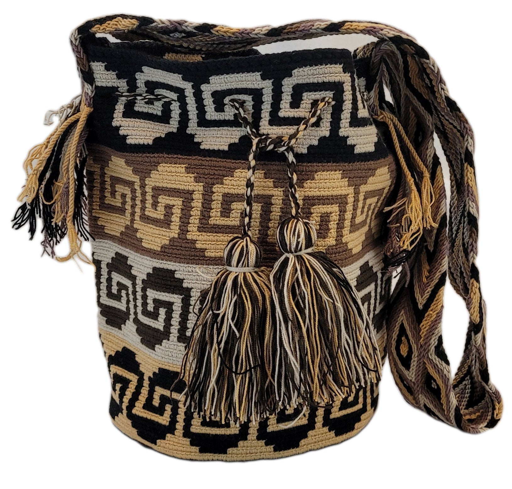 "Colorful handmade Crochet Wayuu bag crafted by Wuitusu artisans, featuring intricate traditional patterns and vibrant design