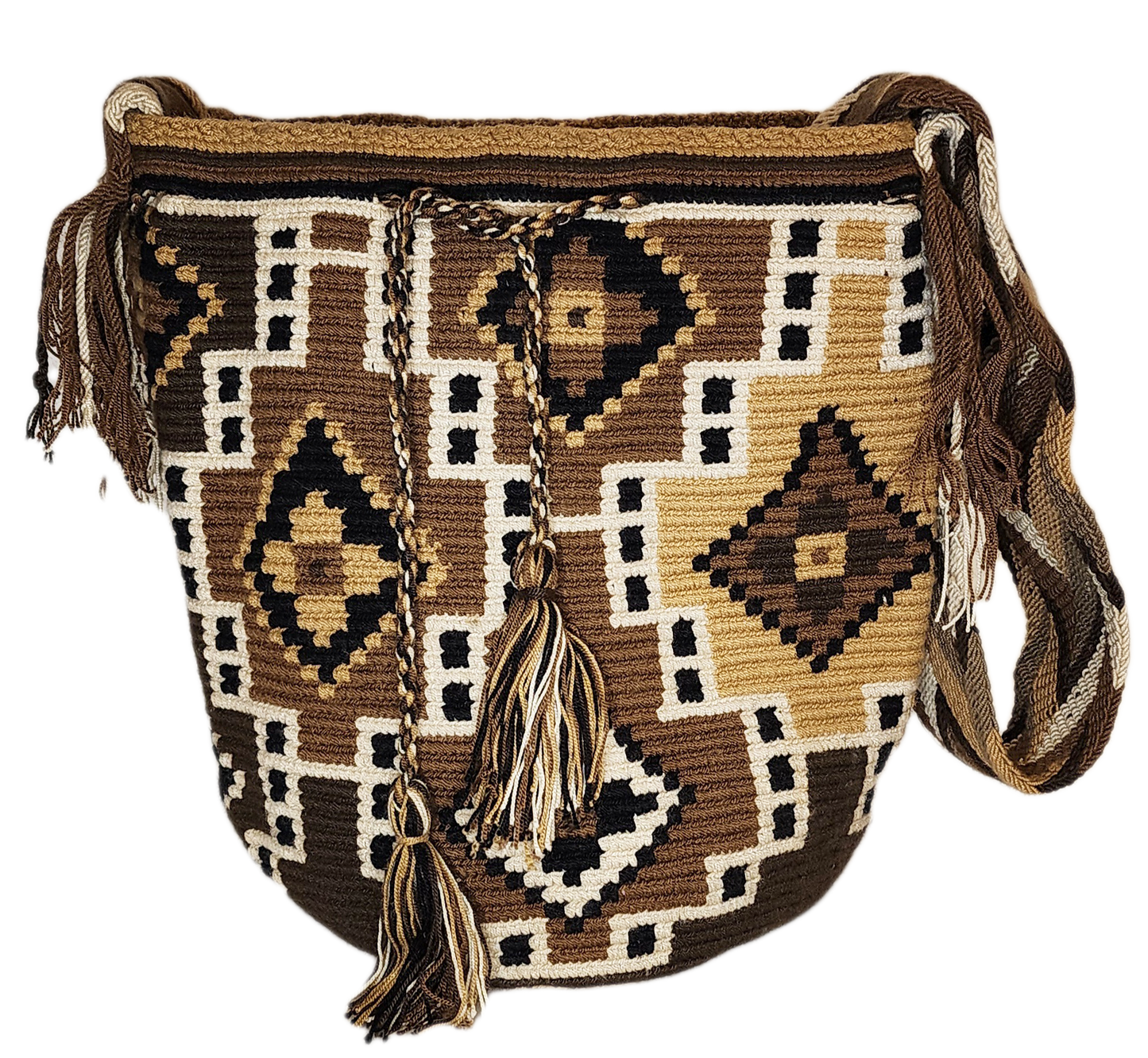 "Colorful handmade crochet Wayuu bag featuring geometric patterns, made by indigenous artisans, adjustable for shoulder or cr