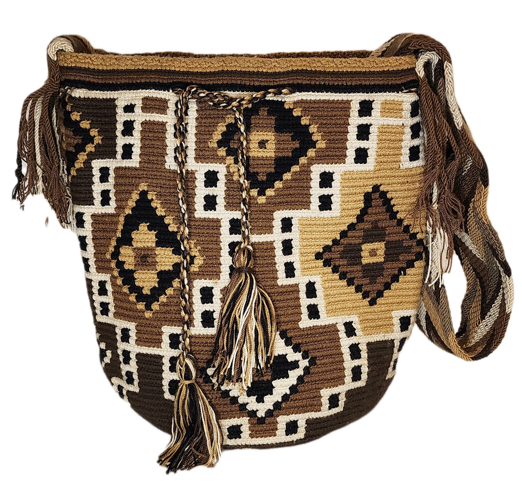 "Colorful handmade crochet Wayuu bag featuring geometric patterns, made by indigenous artisans, adjustable for shoulder or cr