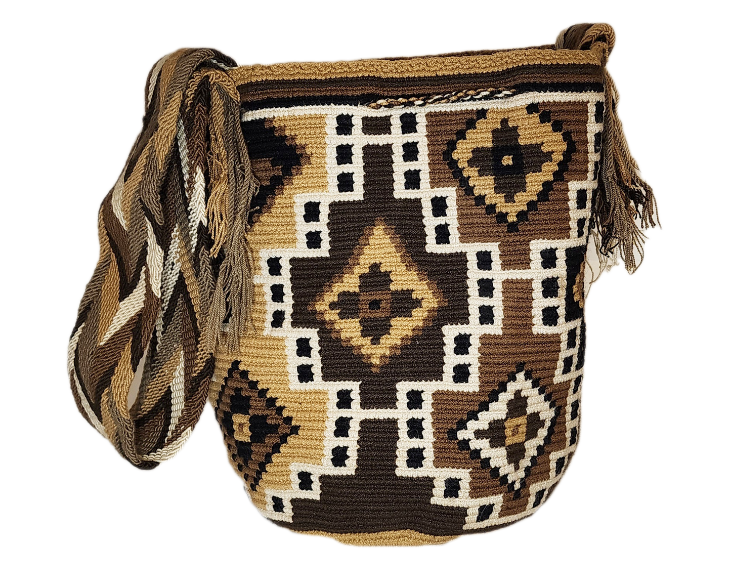 "Colorful handmade crochet Wayuu bag featuring geometric patterns, made by indigenous artisans, adjustable for shoulder or cr