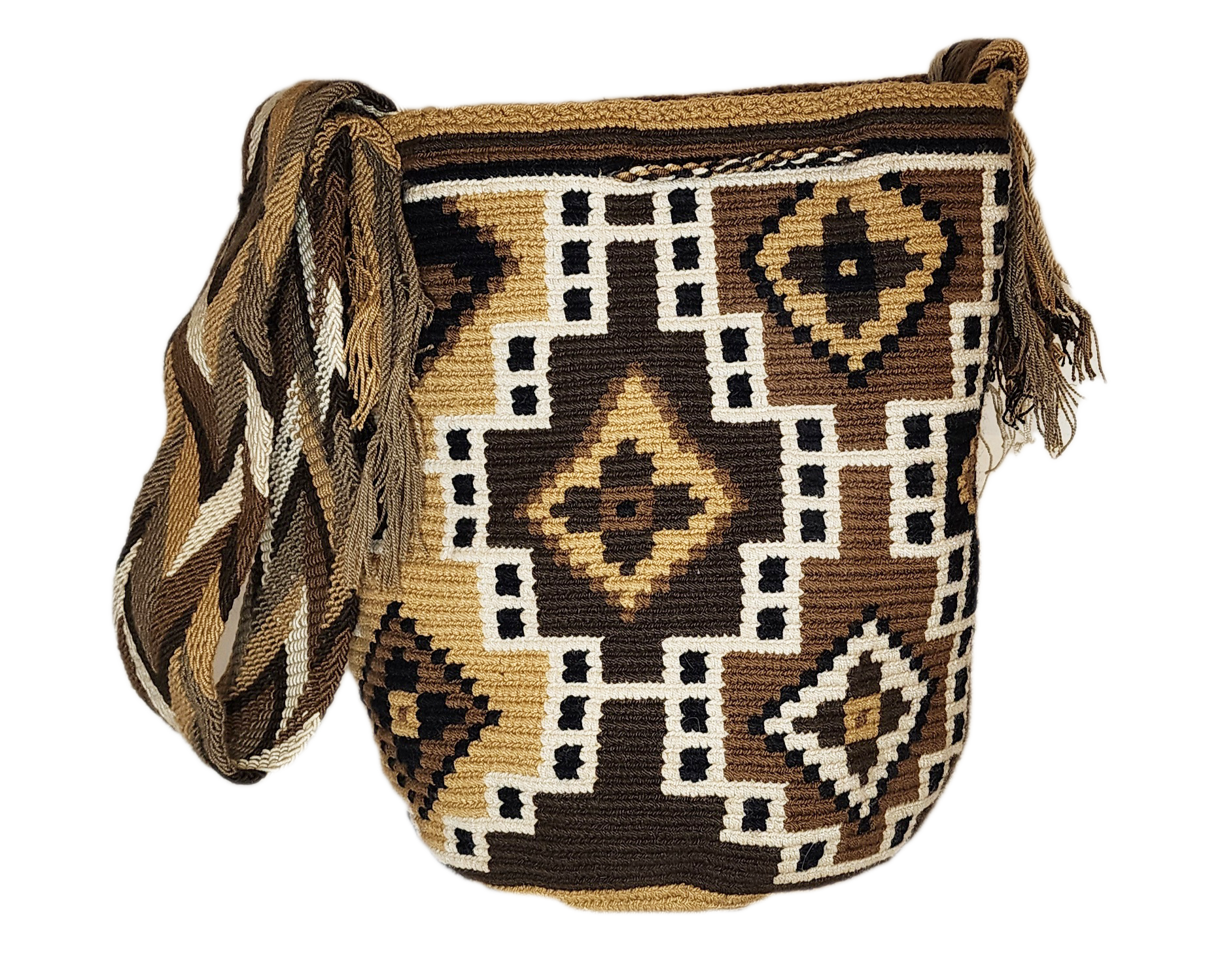 Bottom view "Colorful handmade crochet Wayuu bag featuring geometric patterns, made by indigenous artisans, adjustable for shoulder or cr