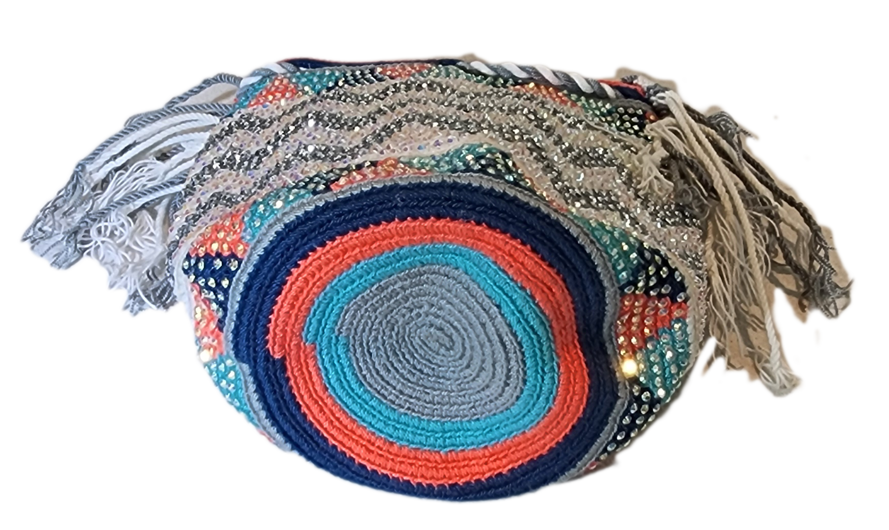 "Colorful handmade crochet Wayuu bag featuring intricate geometric patterns and a long strap, showcasing bohemian artistry an