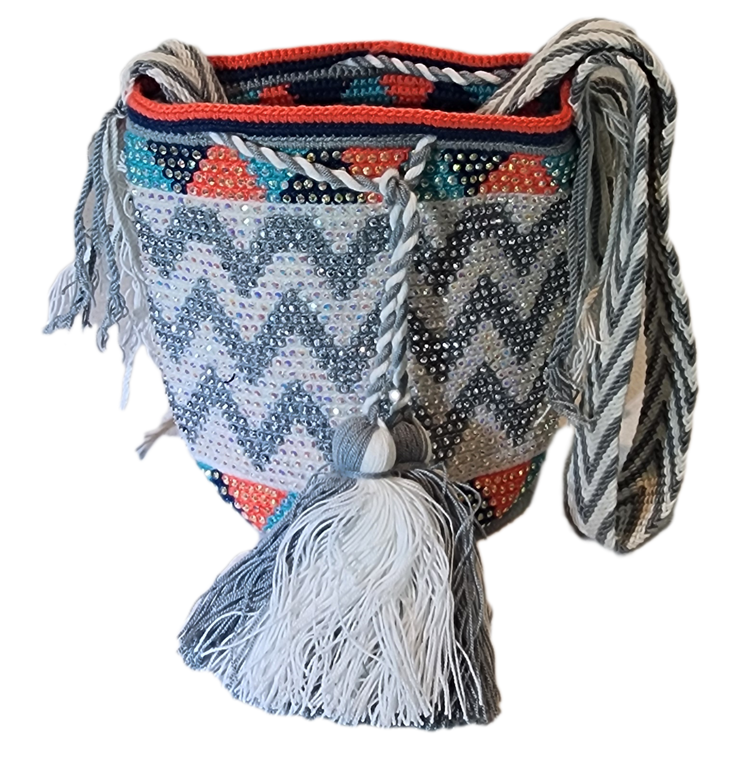 "Colorful handmade crochet Wayuu bag featuring intricate geometric patterns and a long strap, showcasing bohemian artistry an