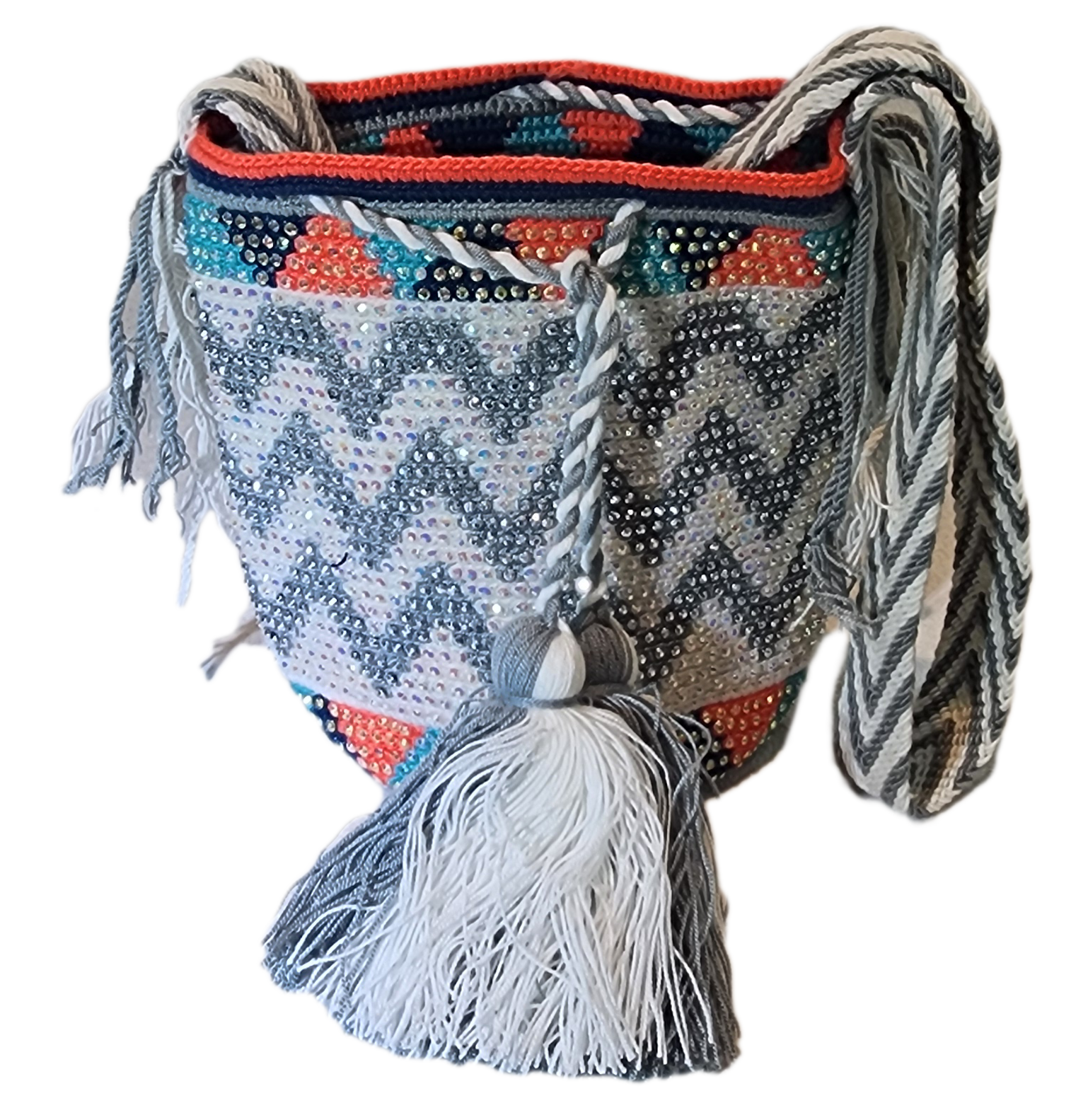 "Colorful handmade crochet Wayuu bag featuring intricate geometric patterns and a long strap, showcasing bohemian artistry an