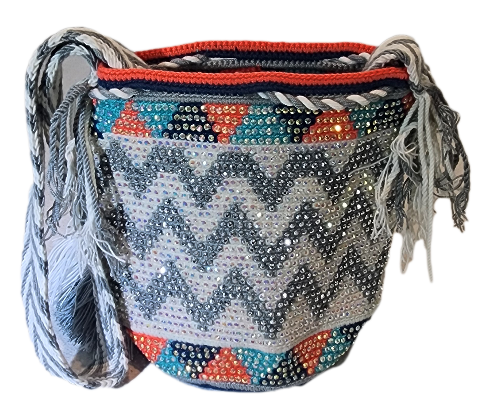 Bottom view "Colorful handmade crochet Wayuu bag featuring intricate geometric patterns and a long strap, showcasing bohemian artistry an