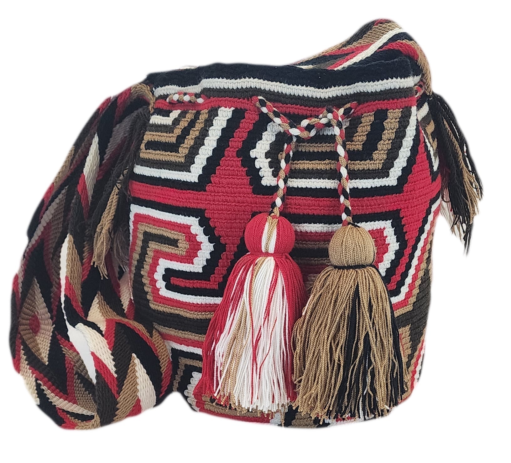 "Colorful handmade Crochet Wayuu bag, showcasing traditional patterns and adjustable straps for versatile use as a crossbody 