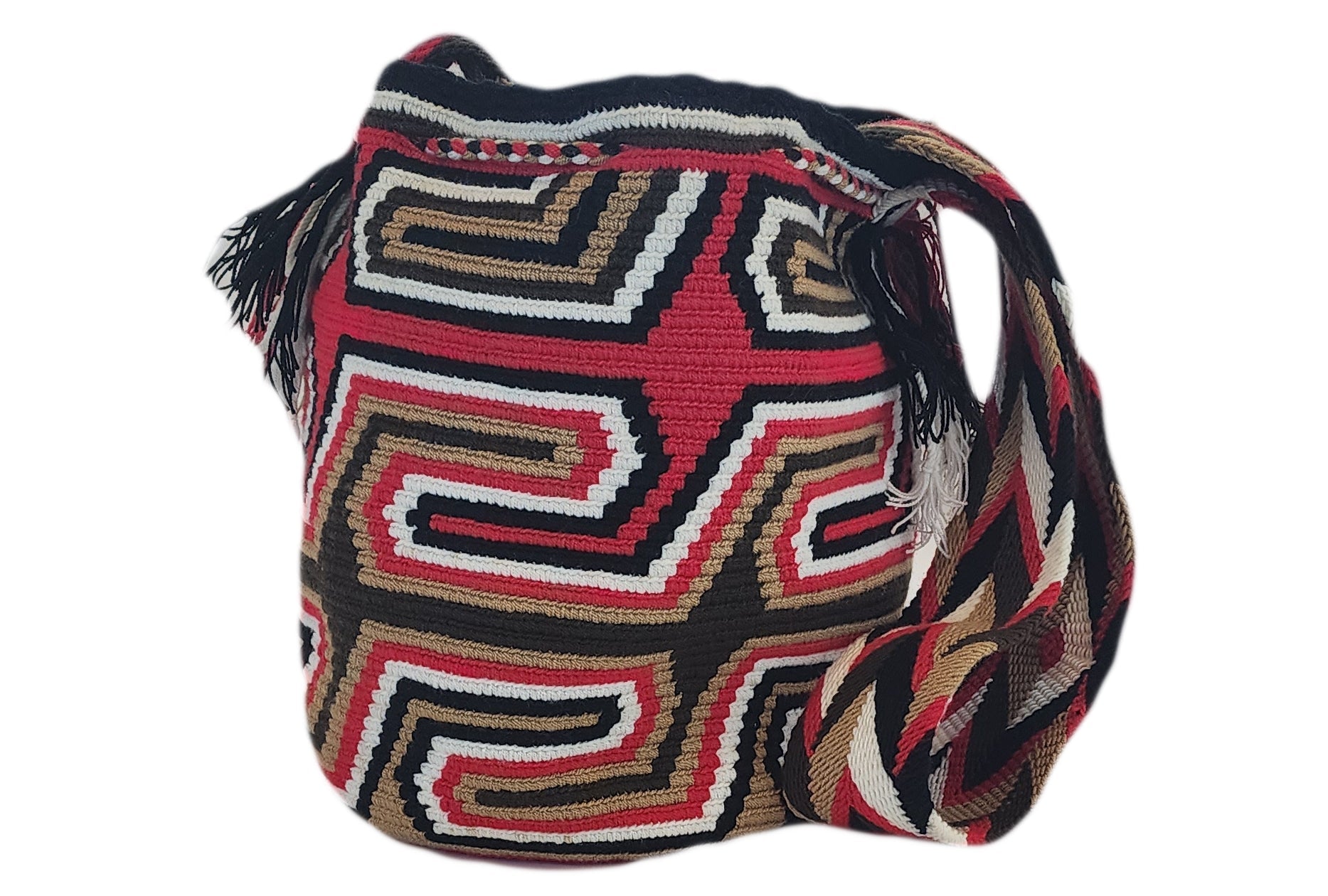 Bottom view "Colorful handmade Crochet Wayuu bag, showcasing traditional patterns and adjustable straps for versatile use as a crossbody 