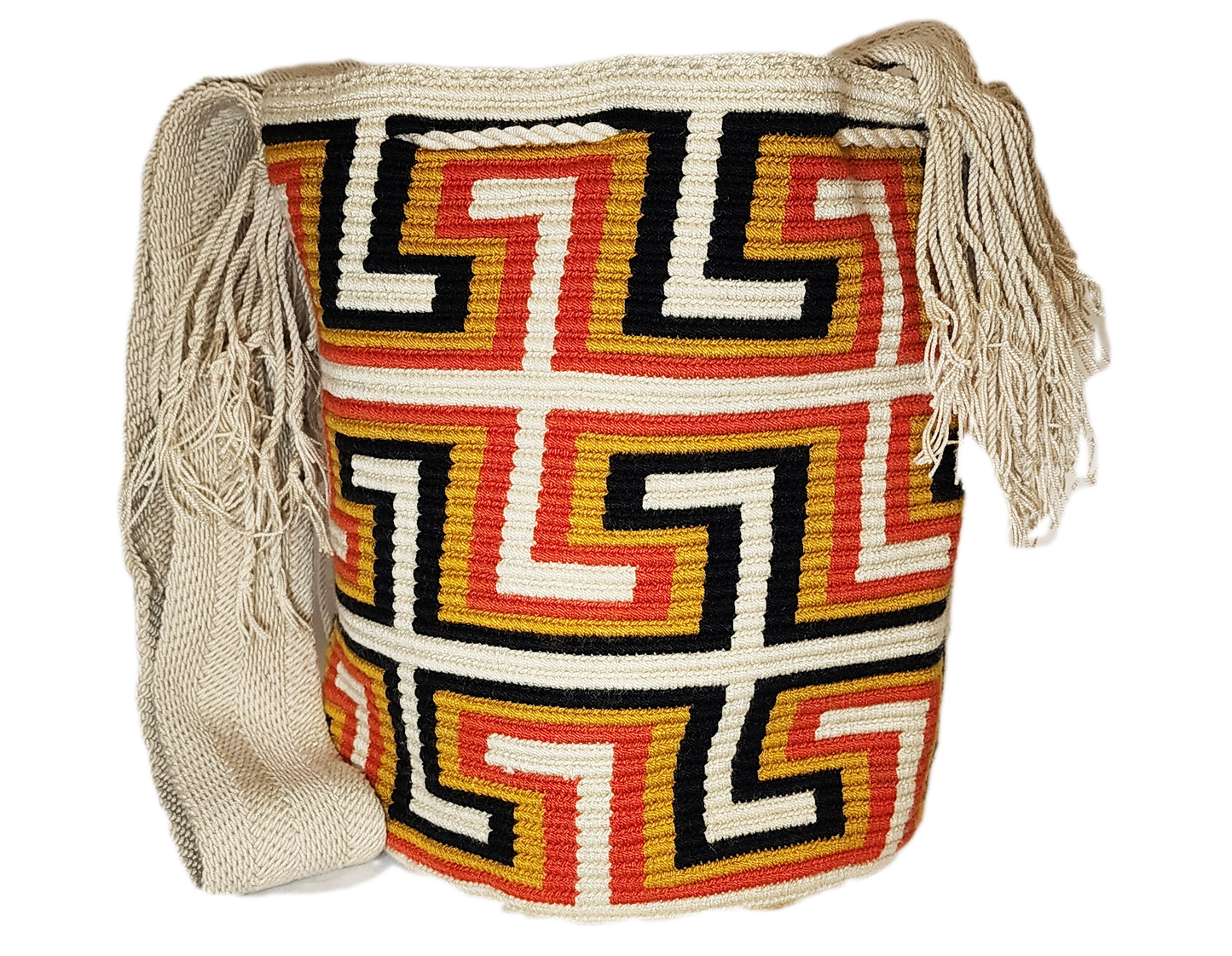 "Colorful handmade crochet Wayuu bag with adjustable strap, showcasing intricate patterns and vibrant craftsmanship."