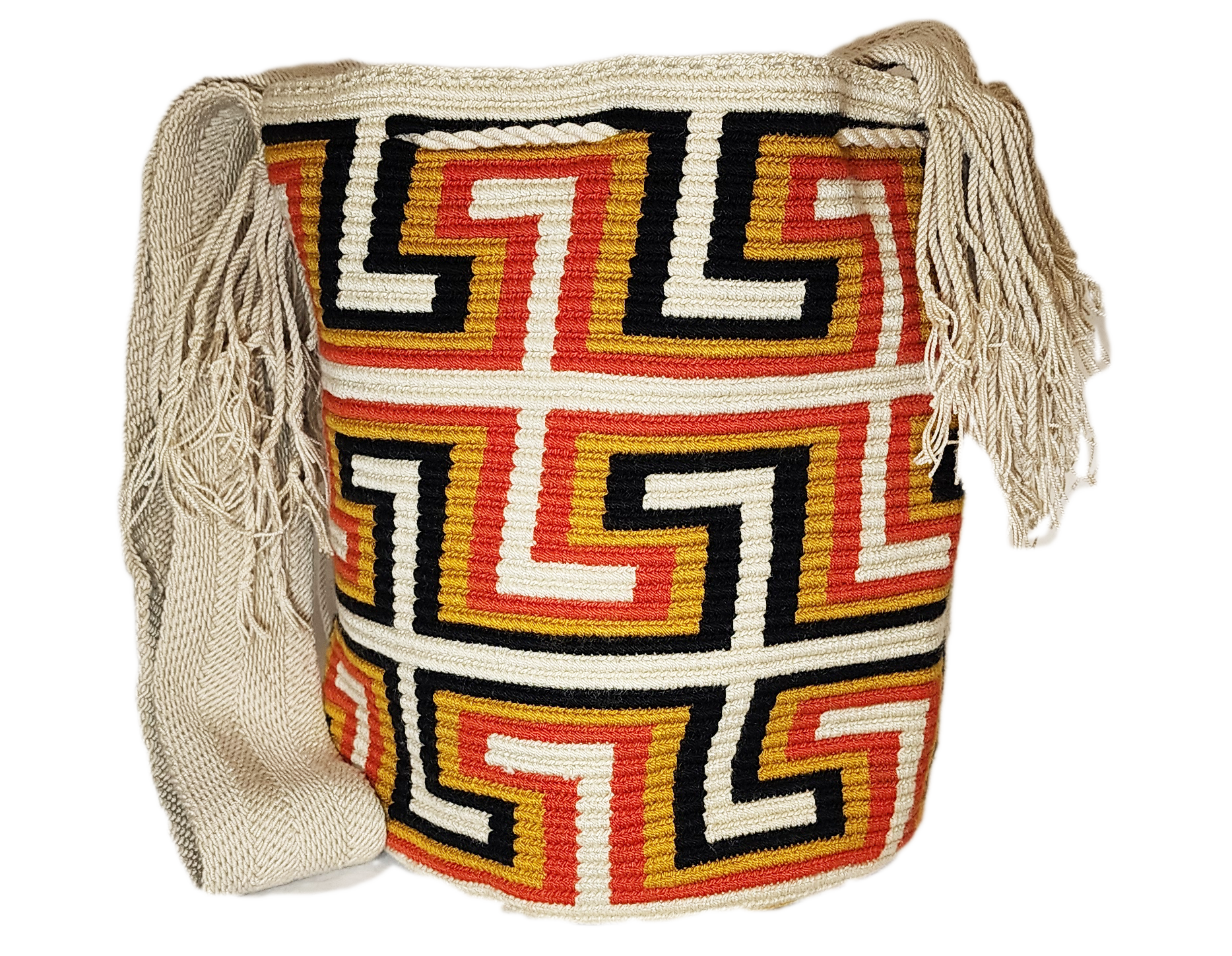 "Colorful handmade crochet Wayuu bag with adjustable strap, showcasing intricate patterns and vibrant craftsmanship."