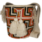 "Colorful handmade crochet Wayuu bag with adjustable strap, showcasing intricate patterns and vibrant craftsmanship."