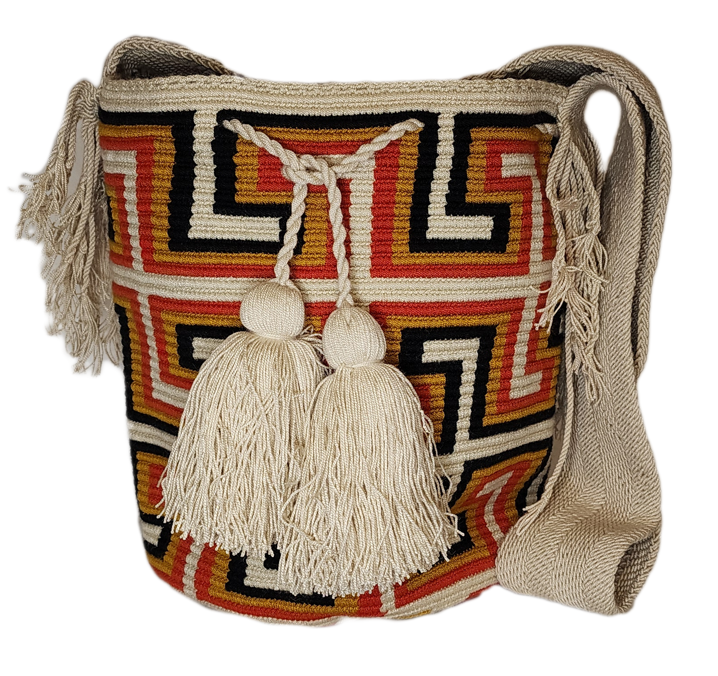 "Colorful handmade crochet Wayuu bag with adjustable strap, showcasing intricate patterns and vibrant craftsmanship."