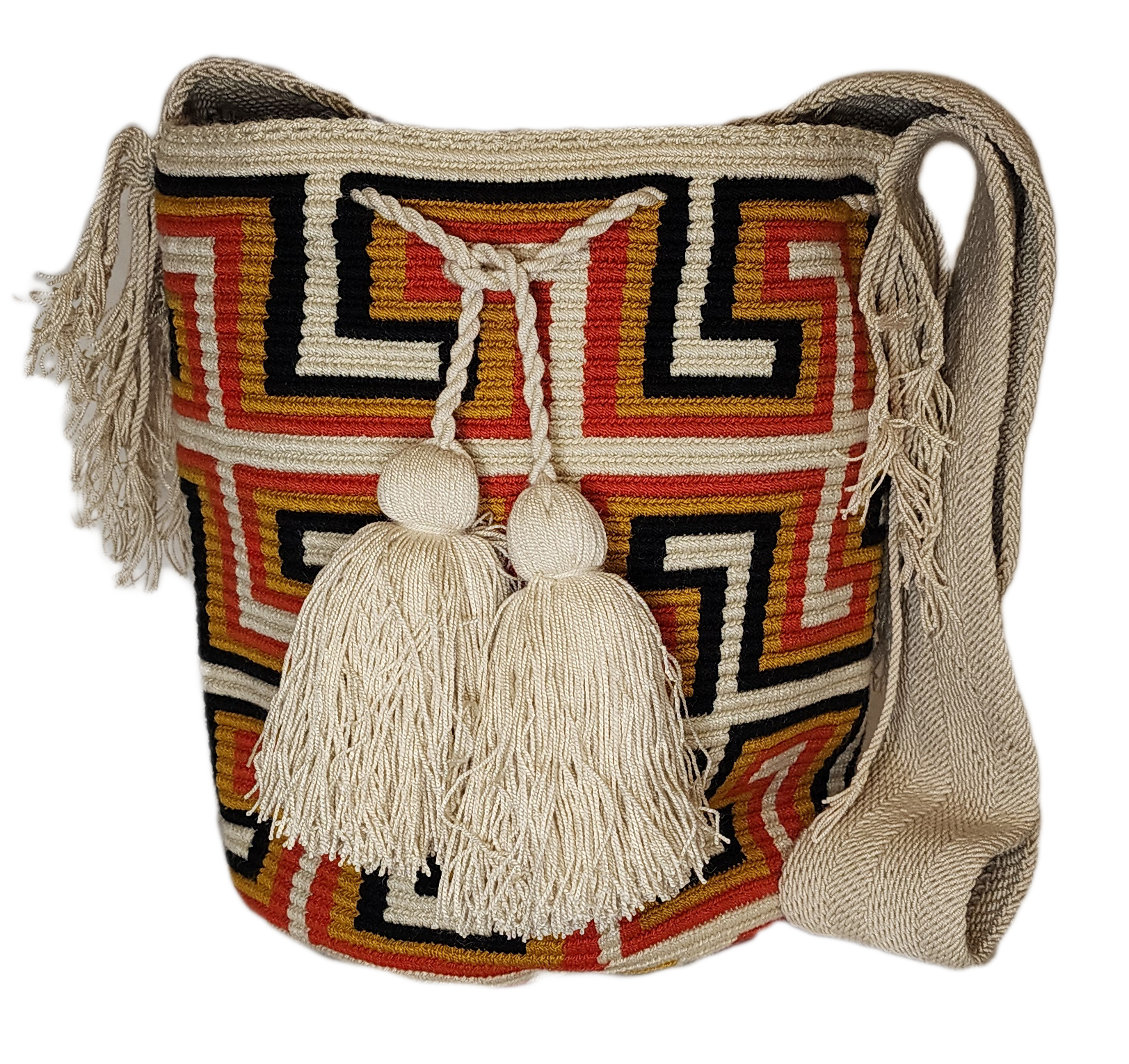 "Colorful handmade crochet Wayuu bag with adjustable strap, showcasing intricate patterns and vibrant craftsmanship."