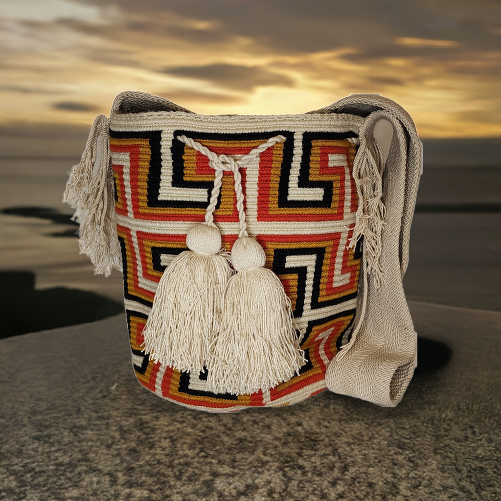 Bottom view "Colorful handmade crochet Wayuu bag with adjustable strap, showcasing intricate patterns and vibrant craftsmanship."