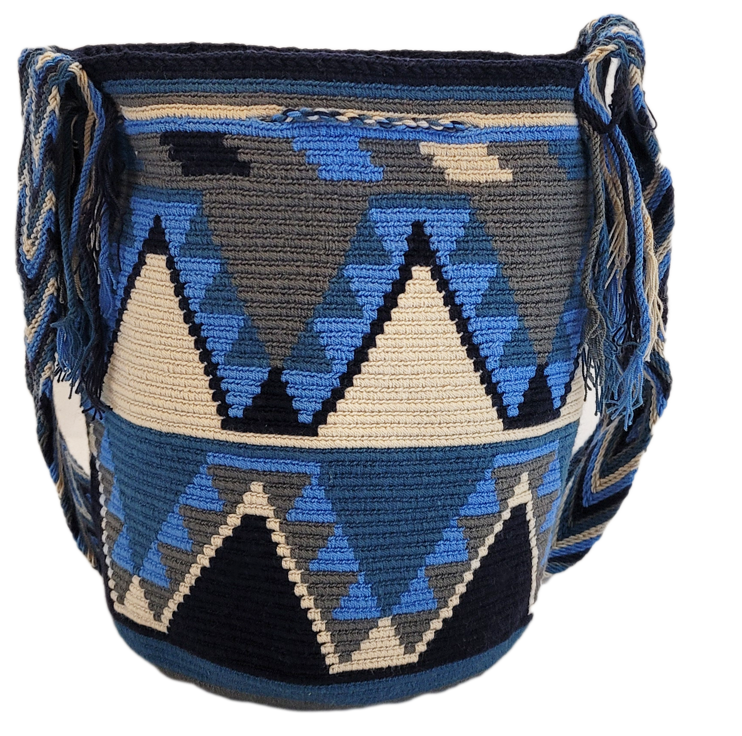 "Colorful handmade crochet Wayuu bag with adjustable straps, showcasing intricate patterns and craftsmanship."