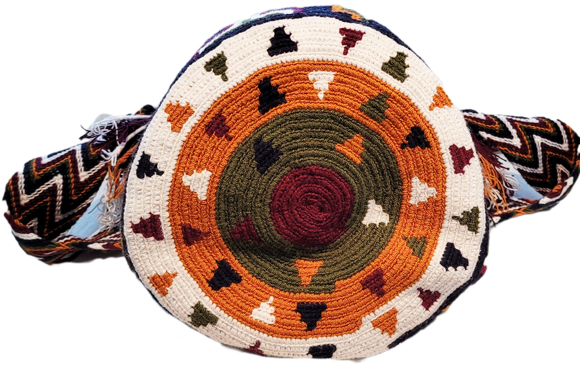 "Colorful handmade Crochet Wayuu bag with geometric designs, crafted by Wayuu artisans, perfect for versatile use."